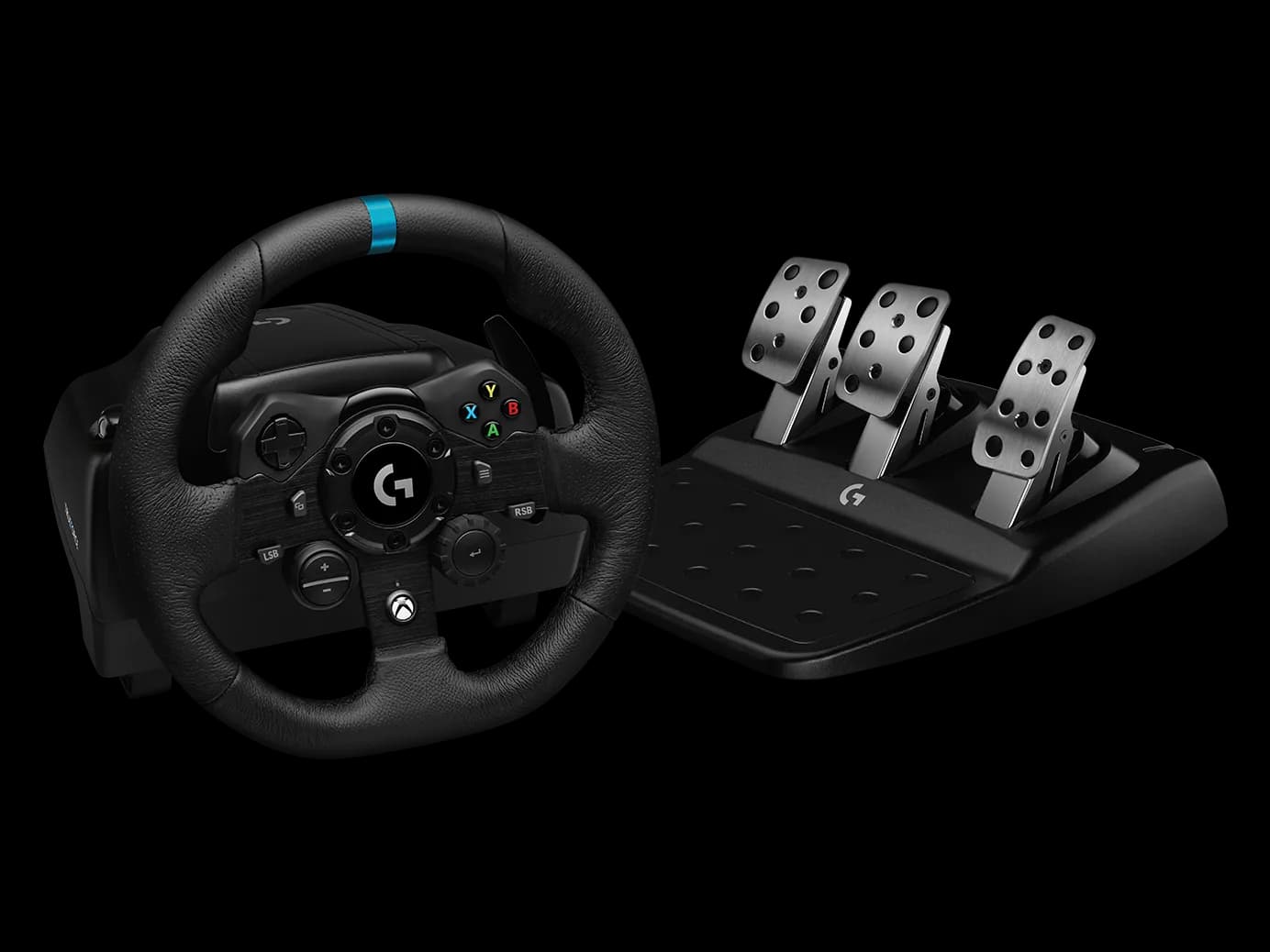 Logitech G923 — 900° wheel, progressive pedals and native force feedback via Linux evdev.